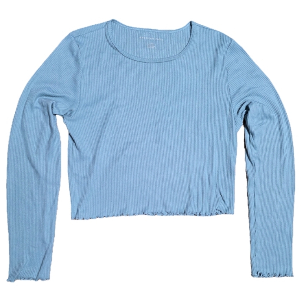 American Eagle Women's Light Blue Ribbed Long Sleeve Crop Top Sweater Size Large